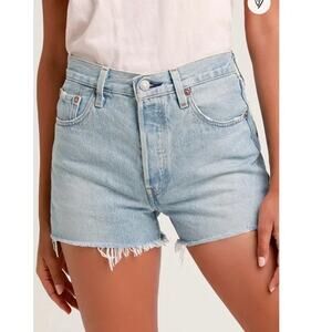 Levi's 501 Denim Shorts High Rise Light Wash‎ Button Fly Raw Hem Blue Size 26